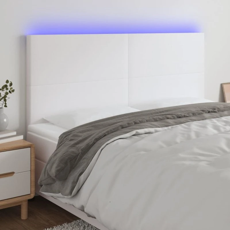 vidaXL Sengegavl med LED-lys 160x5x118/128 cm hvid kunstlæder