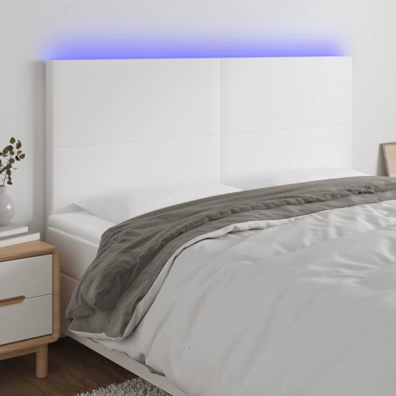 vidaXL Sengegavl med LED-lys 180x5x118/128 cm hvid kunstlæder