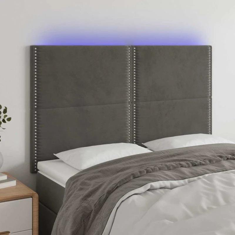 vidaXL Sengegavl med LED-lys 144x5x118/128 cm mørkegrå