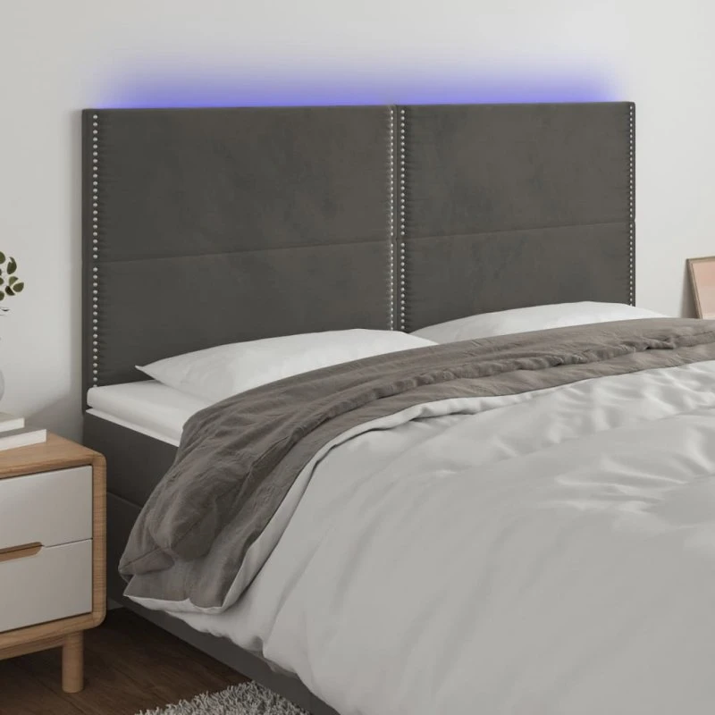vidaXL Sengegavl med LED-lys 180x5x118/128 cm mørkegrå fløjl