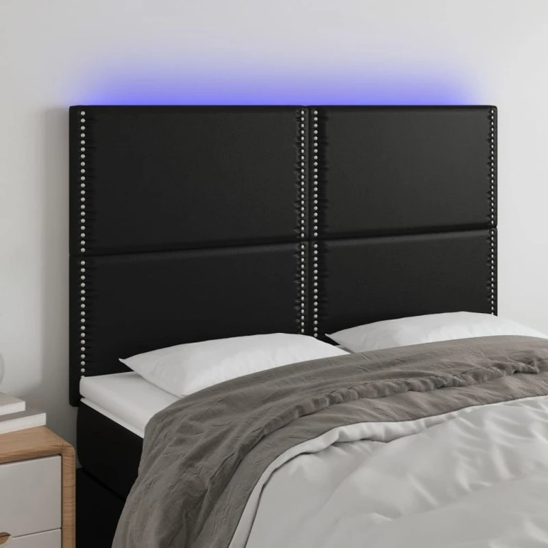 vidaXL Sengegavl med LED-lys 144x5x118/128 cm sort kunstlæder