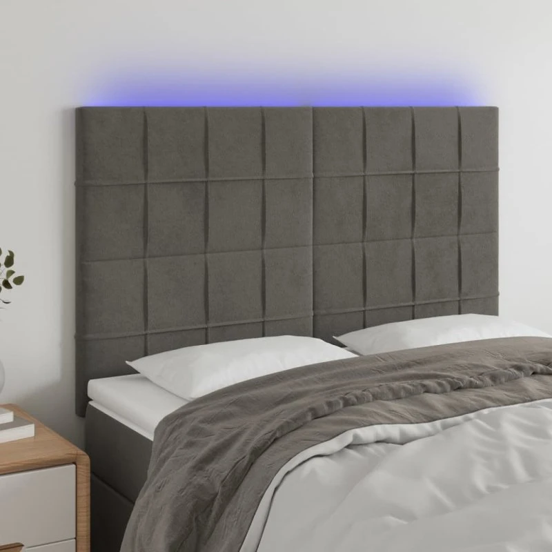vidaXL Sengegavl med LED-lys 144x5x118/128 cm mørkegrå