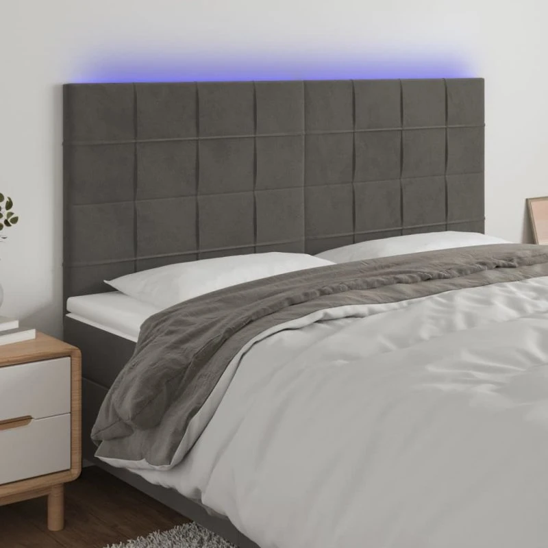 vidaXL Sengegavl med LED-lys 160x5x118/128 cm mørkegrå fløjl