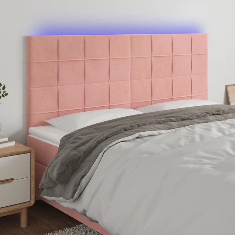 vidaXL Sengegavl med LED-lys 180x5x118/128 cm lyserød fløjl