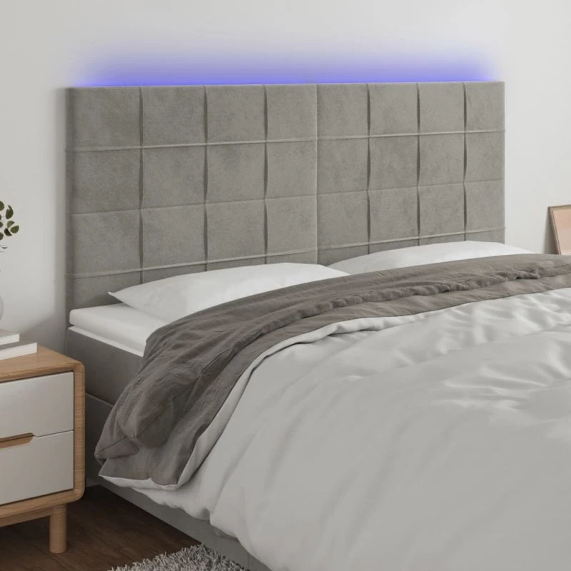 vidaXL Sengegavl med LED-lys 200x5x118/128 cm lysegrå fløjl