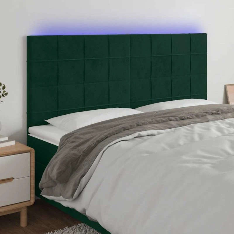 vidaXL Sengegavl med LED-lys 200x5x118/128 cm mørkegrøn fløjl