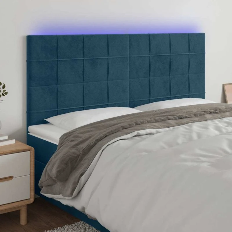 vidaXL Sengegavl med LED-lys 200x5x118/128 cm mørkeblå fløjl