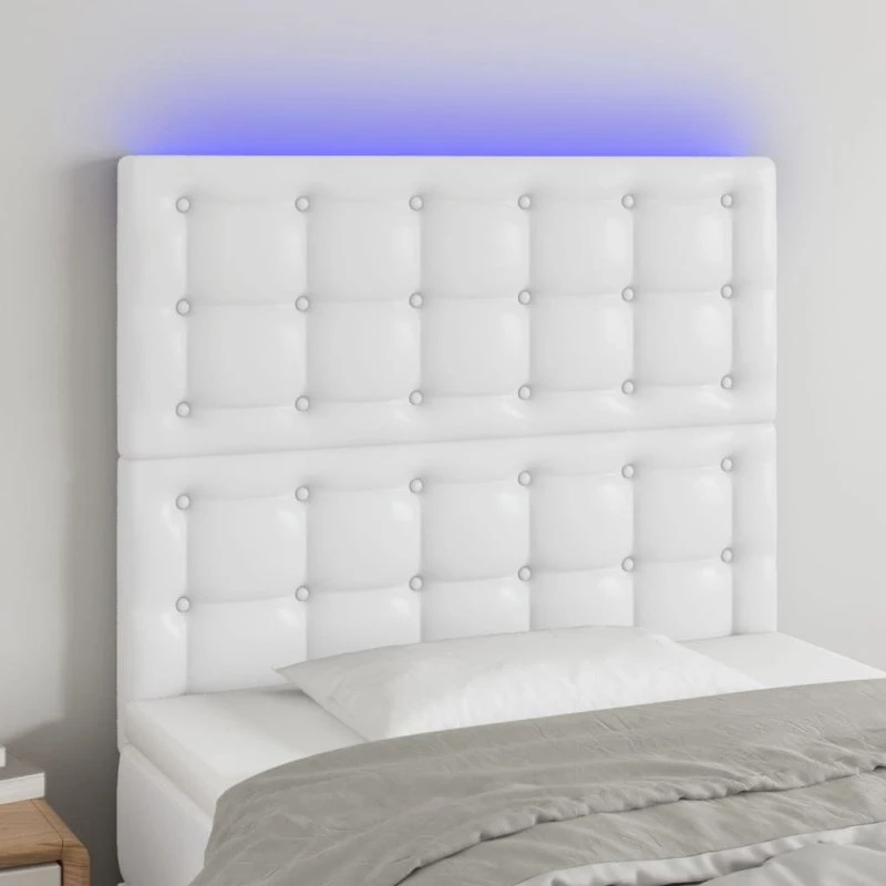vidaXL Sengegavl med LED-lys 100x5x118/128 cm hvid kunstlæder