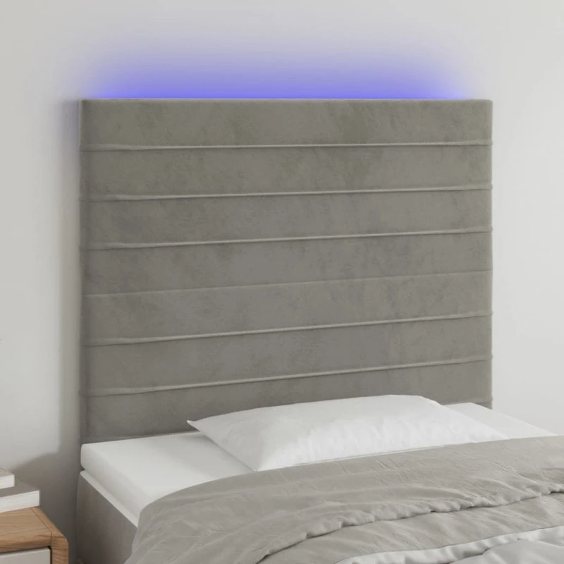 vidaXL Sengegavl med LED-lys 80x5x118/128 cm lysegrå fløjl
