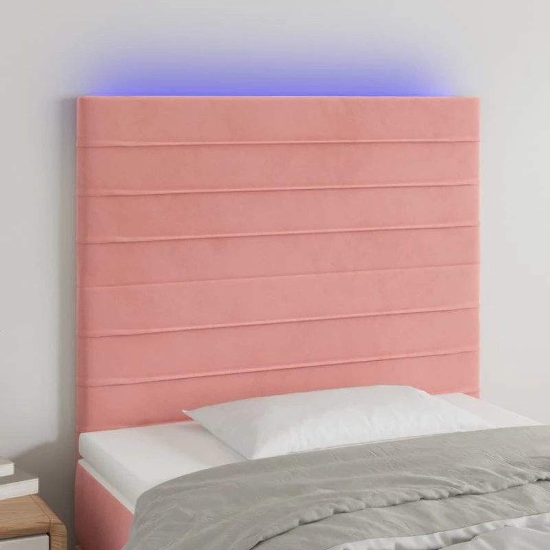 vidaXL Sengegavl med LED-lys 80x5x118/128 cm lyserød fløjl