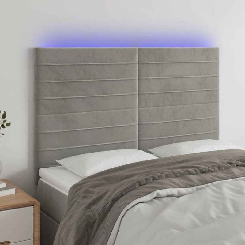 vidaXL Sengegavl med LED-lys 144x5x118/128 cm lysegrå fløjl