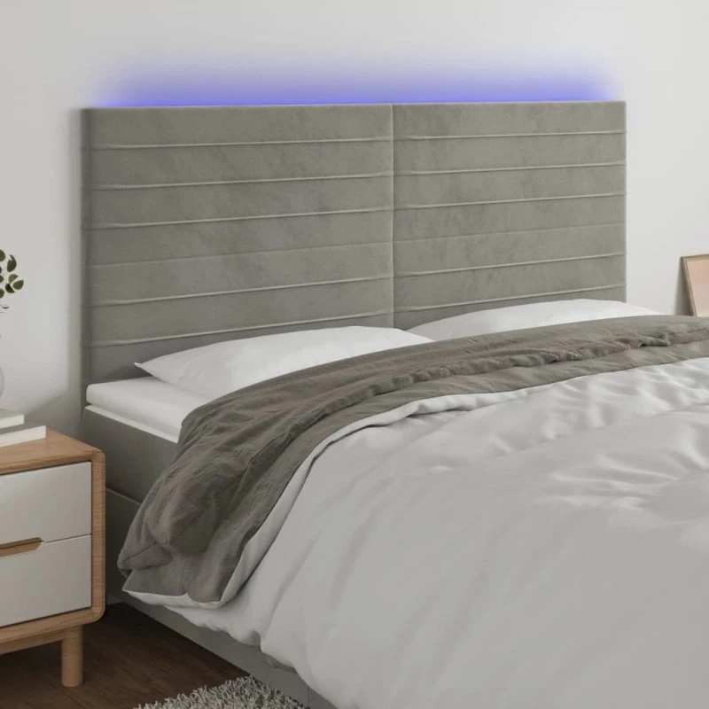 vidaXL Sengegavl med LED-lys 160x5x118/128 cm lysegrå fløjl