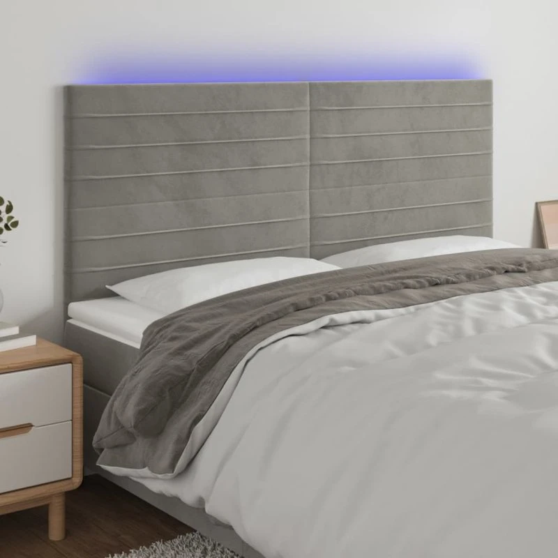 vidaXL Sengegavl med LED-lys 180x5x118/128 cm lysegrå fløjl