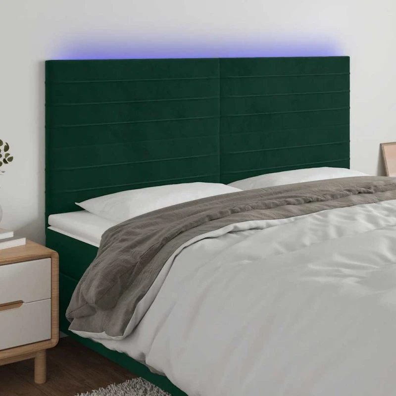 vidaXL Sengegavl med LED-lys 180x5x118/128 cm mørkegrøn fløjl