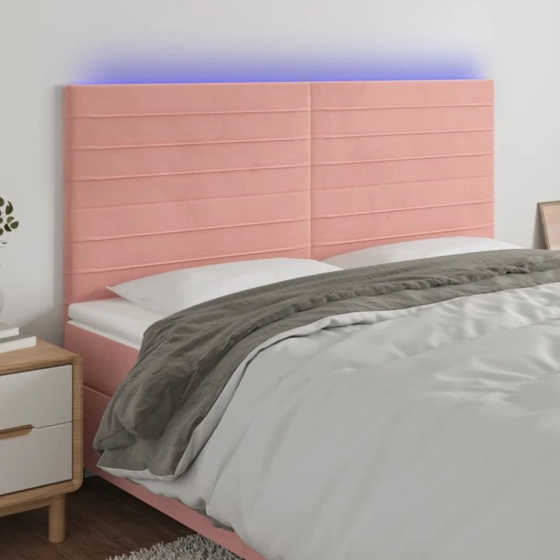 vidaXL Sengegavl med LED-lys 200x5x118/128 cm lyserød fløjl