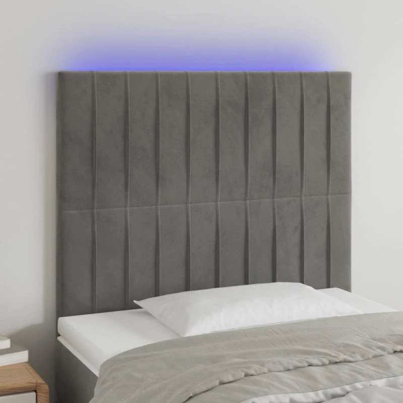 vidaXL Sengegavl med LED-lys 80x5x118/128 cm lysegrå fløjl