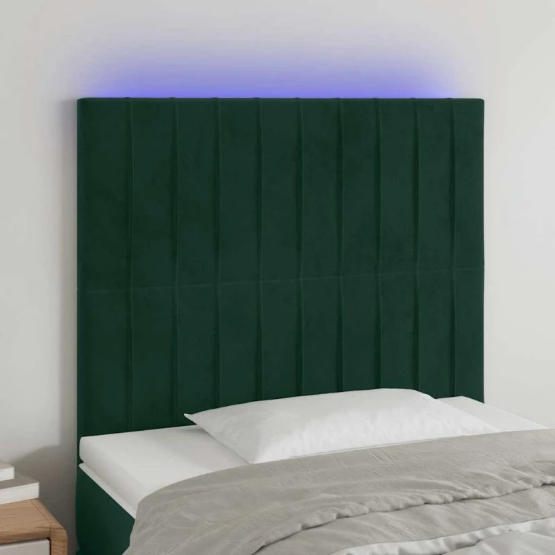 vidaXL Sengegavl med LED-lys 80x5x118/128 cm mørkegrøn fløjl