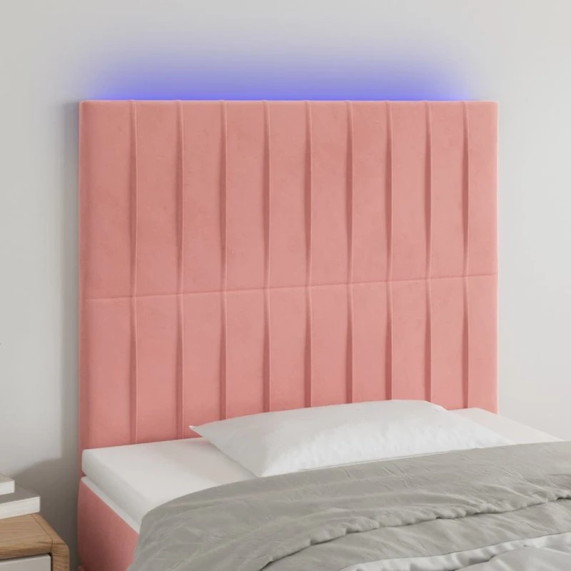 vidaXL Sengegavl med LED-lys 80x5x118/128 cm lyserød fløjl