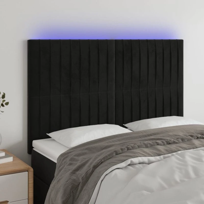 vidaXL Sengegavl med LED-lys 144x5x118/128 cm, fløjl, sort