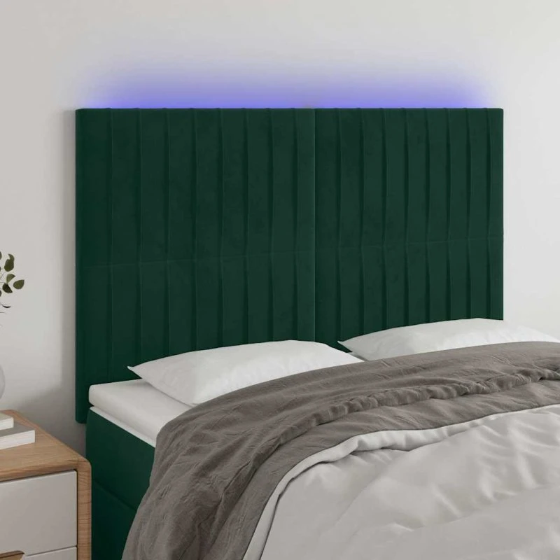 vidaXL Sengegavl med LED-lys 144x5x118/128 cm mørkegrøn fløjl