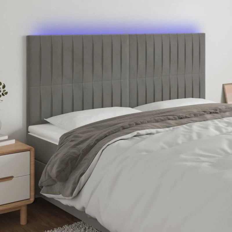 vidaXL Sengegavl med LED-lys 180x5x118/128 cm lysegrå fløjl
