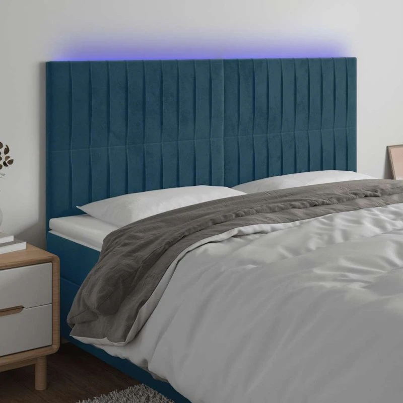 vidaXL Sengegavl med LED-lys 180x5x118/128 cm mørkeblå fløjl