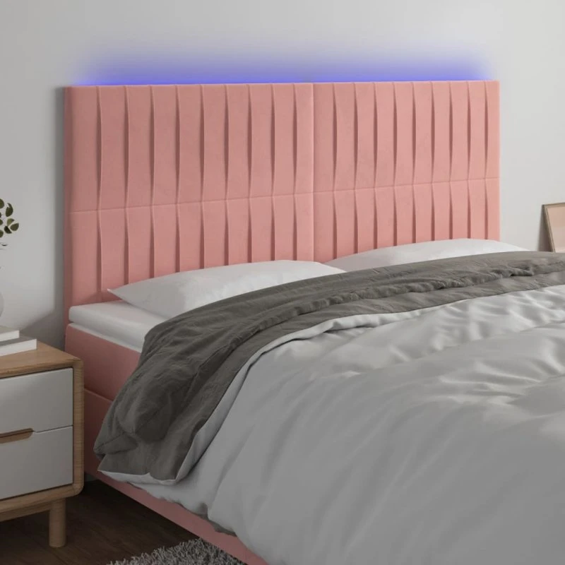 vidaXL Sengegavl med LED-lys 180x5x118/128 cm lyserød fløjl