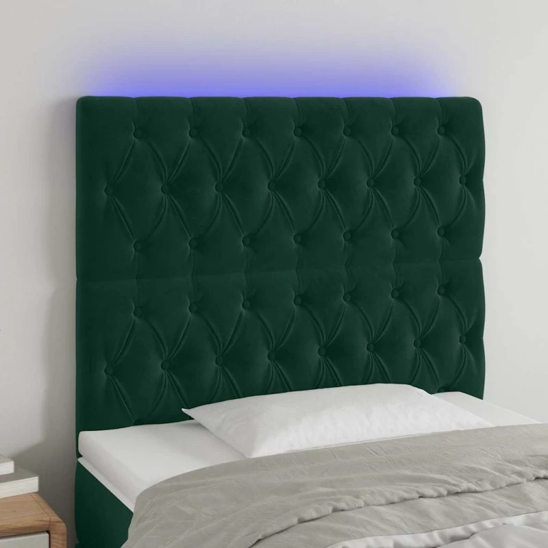 vidaXL Sengegavl med LED-lys 100x7x118/128 cm mørkegrøn fløjl