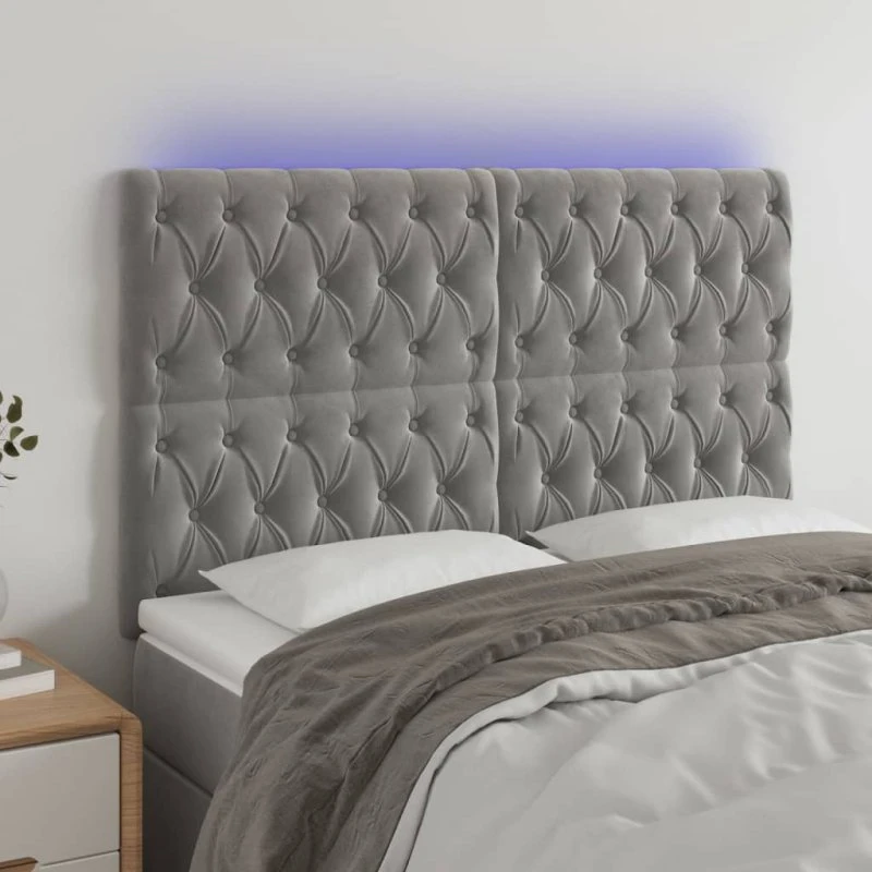 vidaXL Sengegavl med LED-lys 160x7x118/128 cm lysegrå fløjl