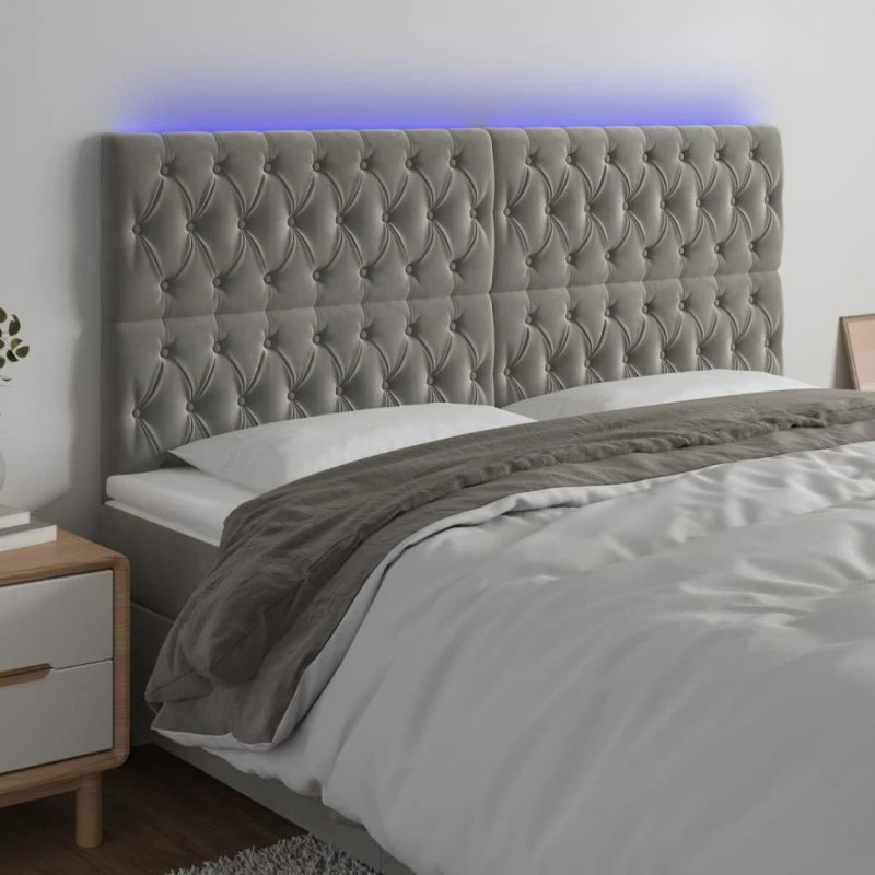 vidaXL Sengegavl med LED-lys 180x7x118/128 cm lysegrå fløjl