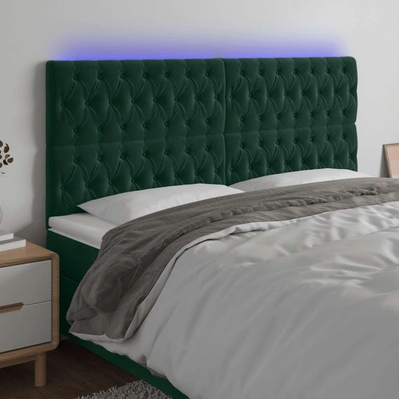 vidaXL Sengegavl med LED-lys 180x7x118/128 cm mørkegrøn fløjl