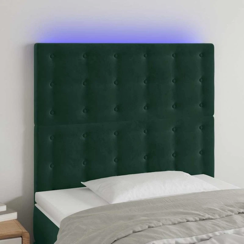 vidaXL Sengegavl med LED-lys 100x5x118/128 cm mørkegrøn fløjl
