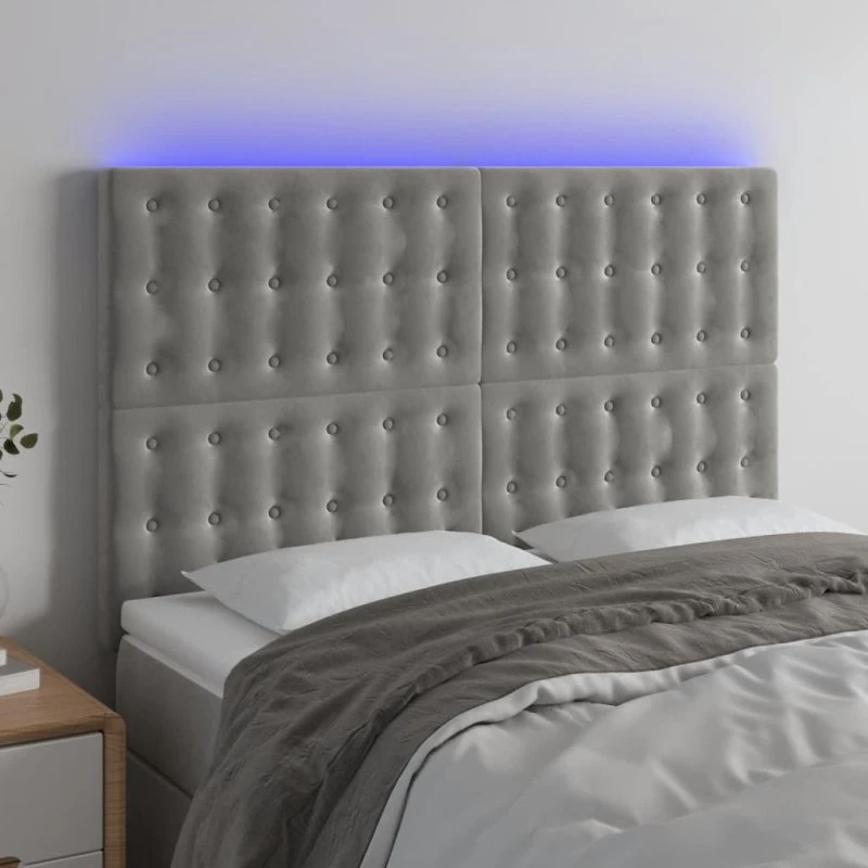 vidaXL Sengegavl med LED-lys 144x5x118/128 cm lysegrå fløjl