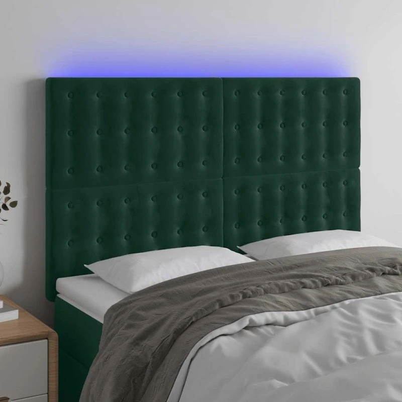 vidaXL Sengegavl med LED-lys 144x5x118/128 cm mørkegrøn fløjl