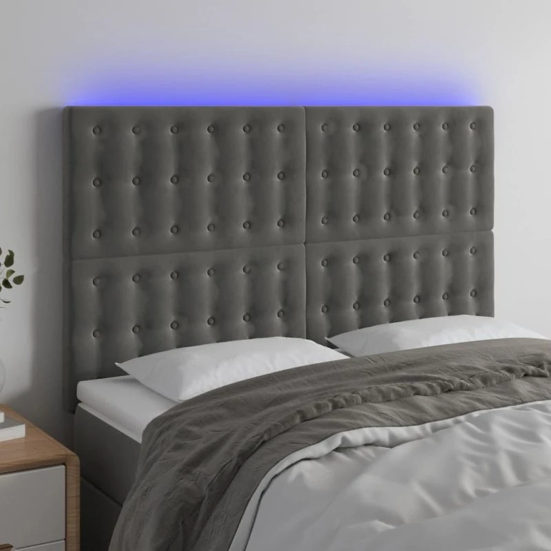 vidaXL Sengegavl med LED-lys 144x5x118/128 cm mørkegrå fløjl