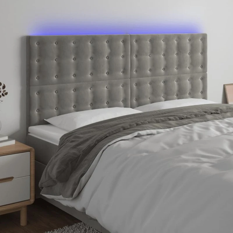 vidaXL Sengegavl med LED-lys 180x5x118/128 cm fløjl lysegrå