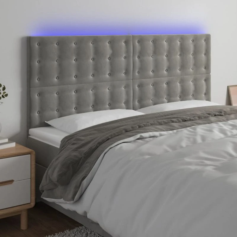 vidaXL Sengegavl med LED-lys 200x5x118/128 cm lysegrå fløjl
