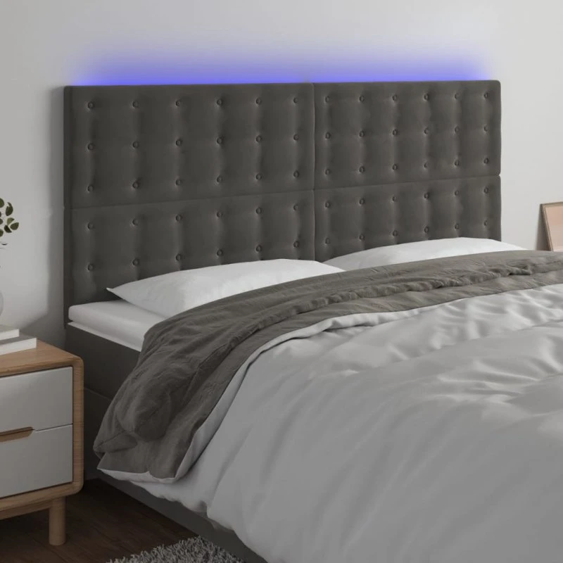 vidaXL Sengegavl med LED-lys 200x5x118/128 cm fløjl mørkegrå