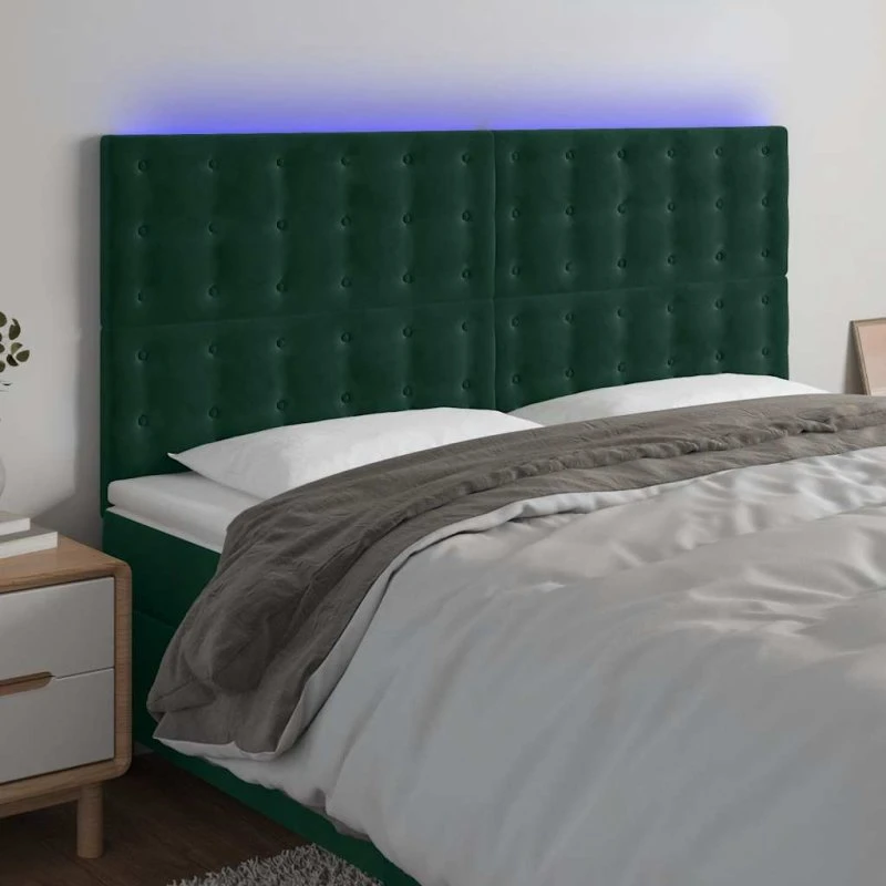 vidaXL Sengegavl med LED-lys 200x5x118/128 cm mørkegrøn fløjl