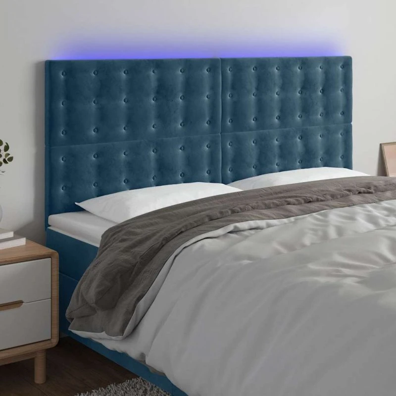 vidaXL Sengegavl med LED-lys 200x5x118/128 cm mørkeblå fløjl