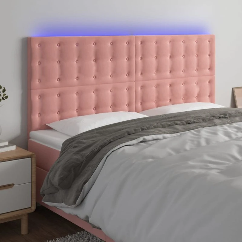 vidaXL Sengegavl med LED-lys 200x5x118/128 cm lyserød fløjl
