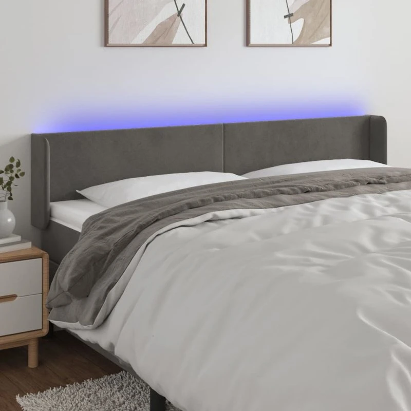 vidaXL Sengegavl med LED-lys 163x16x78/88 cm fløjl mørkegrå