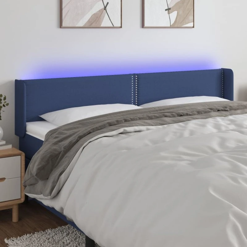 vidaXL Sengegavl med LED-lys 183x16x78/88 cm blå stof