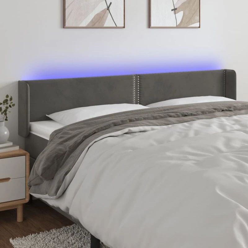 vidaXL Sengegavl med LED-lys 163x16x78/88 cm, mørkegrå fløjl