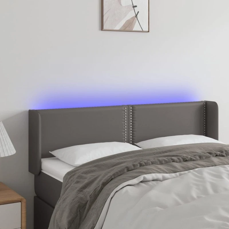 vidaXL Sengegavl med LED-lys 147x16x78/88 cm grå kunstlæder