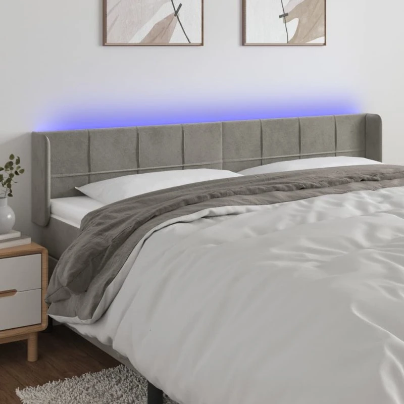 vidaXL Sengegavl med LED-lys 163x16x78/88 cm fløjl lysegrå