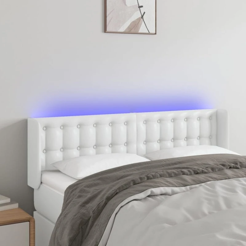 vidaXL Sengegavl med LED-lys 147x16x78/88 cm hvid kunstlæder