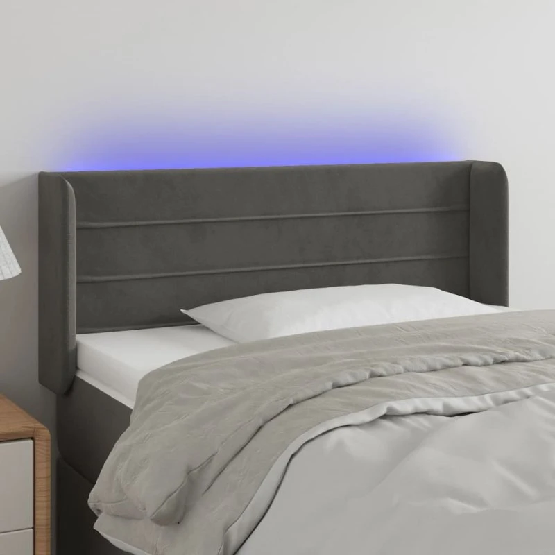 vidaXL Sengegavl med LED-lys 103x16x78/88 cm mørkegrå fløjl