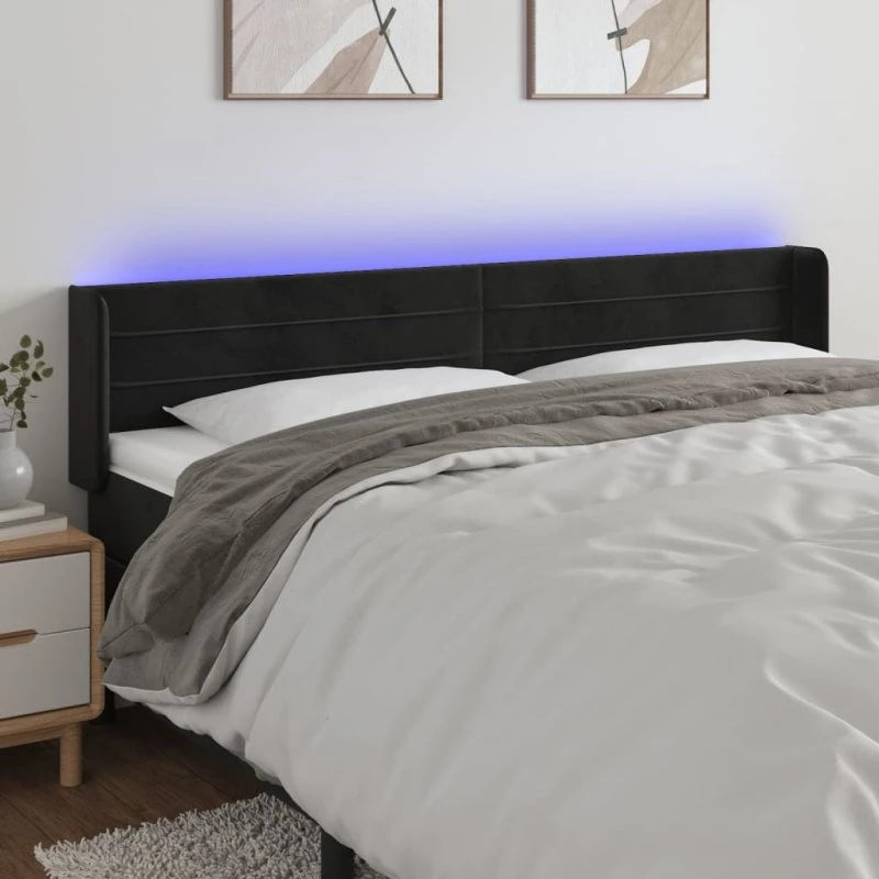 vidaXL Sengegavl med LED-lys 203x16x78/88 cm, sort fløjl