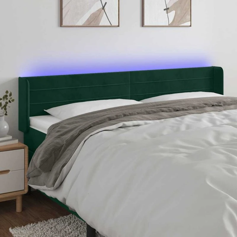 vidaXL Sengegavl med LED-lys 203x16x78/88 cm mørkegrøn fløjl
